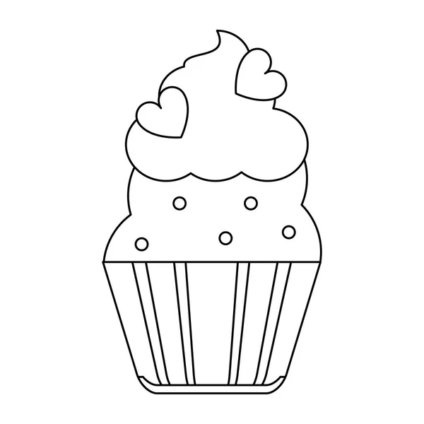 Cupcake dessert with hearts black and white — Stock Vector