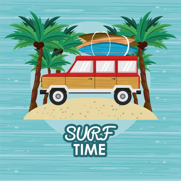 zaman karikatür camper surfboard ile mavi arka plan vektör çizim grafik tasarım üzerinde sörf