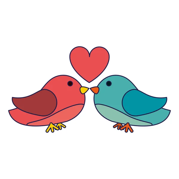 Pájaros pareja beso con corazón azul líneas — Vector de stock