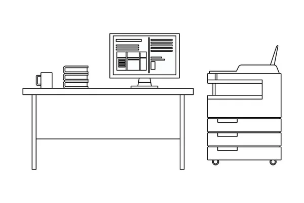 Stolní počítač nábytek dekorace černé a bílé — Stockový vektor