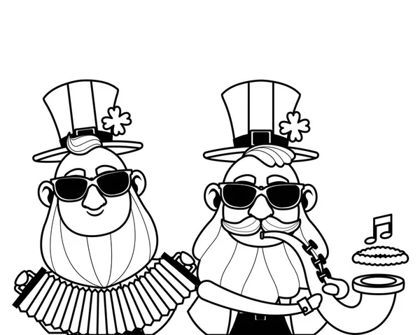 Saint patricks jour drôles de dessins animés elfes en noir et blanc — Image vectorielle