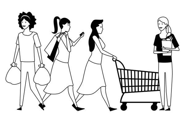 Les gens faisant du shopping dessin animé en noir et blanc — Image vectorielle