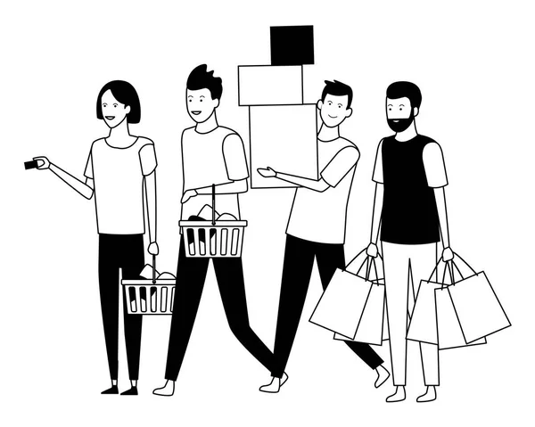 Gente de compras de dibujos animados en blanco y negro — Vector de stock