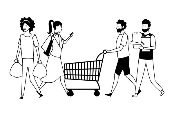 Gente de compras de dibujos animados en blanco y negro — Vector de stock