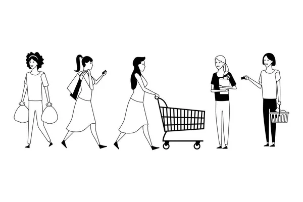 Gente de compras de dibujos animados en blanco y negro — Archivo Imágenes Vectoriales