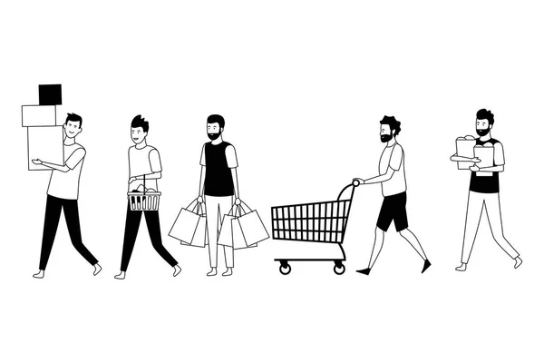 Gente de compras de dibujos animados en blanco y negro — Vector de stock
