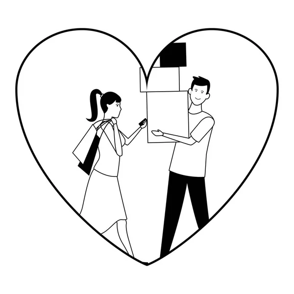 Amor casal desenhos animados em preto e branco — Vetor de Stock