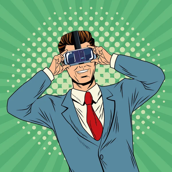 Empresário realidade virtual pop arte cartoon — Vetor de Stock
