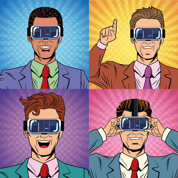 Empresários realidade virtual pop arte cartoon — Vetor de Stock