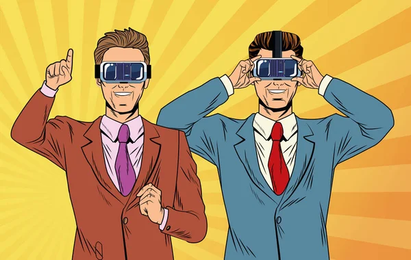 Empresários realidade virtual pop arte cartoon — Vetor de Stock