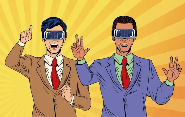 Empresários realidade virtual pop arte cartoon — Vetor de Stock