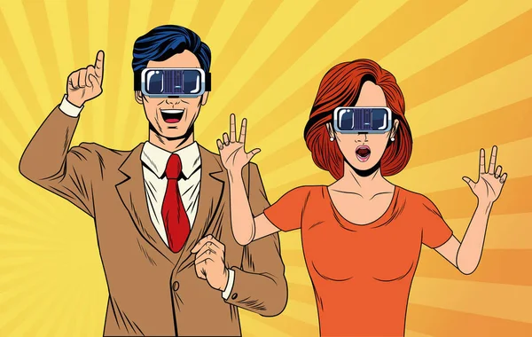 Pop art couple using virtual reality glasses — Stock Vector