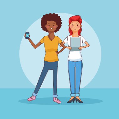 Genç çift Smartphone çizgi film kullanarak