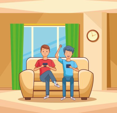 Kanepede oturmuş smartphone kullanarak gençler