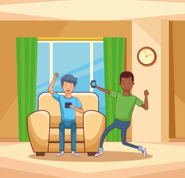 Kanepede oturmuş smartphone kullanarak gençler