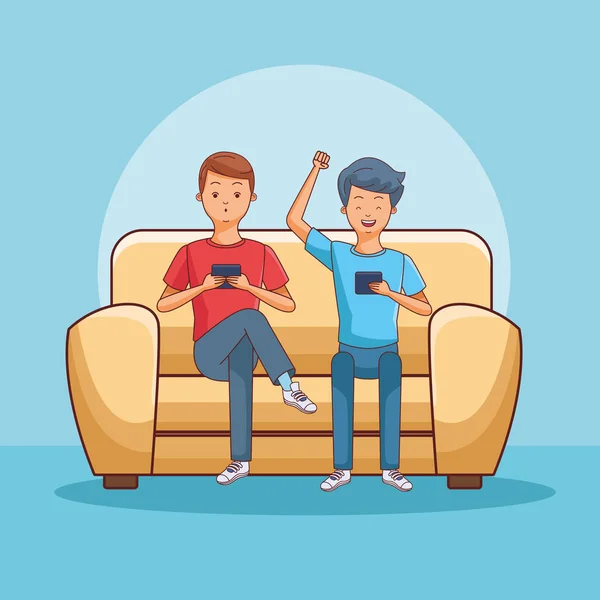 Підлітки використовують смартфон, сидячи на дивані — стоковий вектор