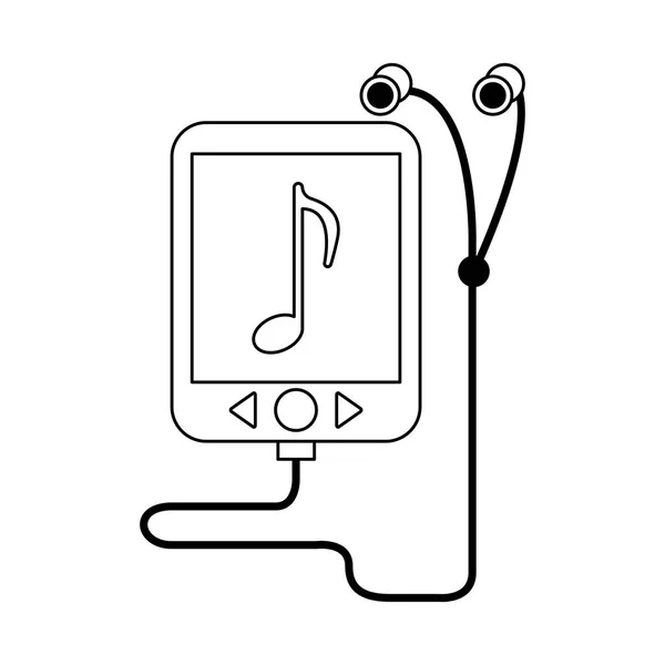 Music player mp3 with earphones black and white — Stock Vector