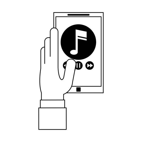 Handen met smartphone muziek speler zwart-wit — Stockvector