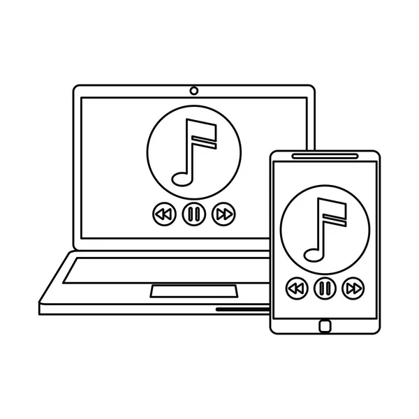 Música y smartphone blanco y negro — Vector de stock