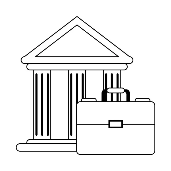 Bankgebäude und Aktenkoffer-Symbol schwarz-weiß — Stockvektor