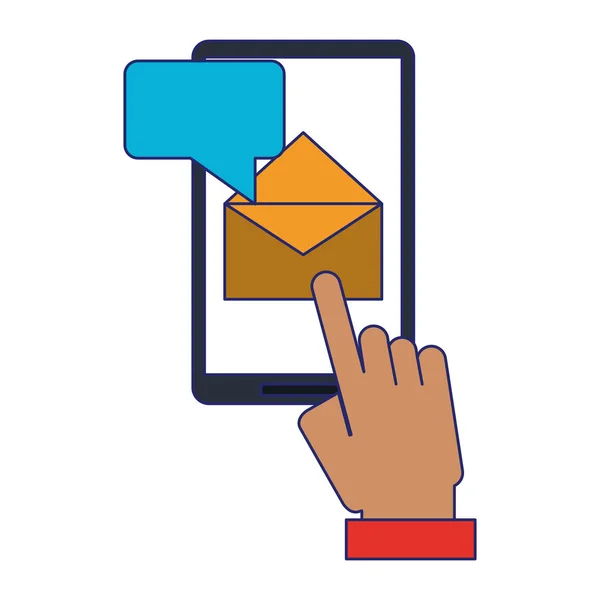 Mão enviando e-mail com linhas azuis do smartphone — Vetor de Stock