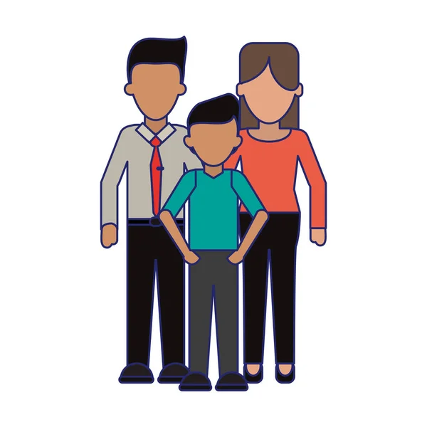 Familia Padres ejecutivos con hijo líneas azules sin rostro — Vector de stock