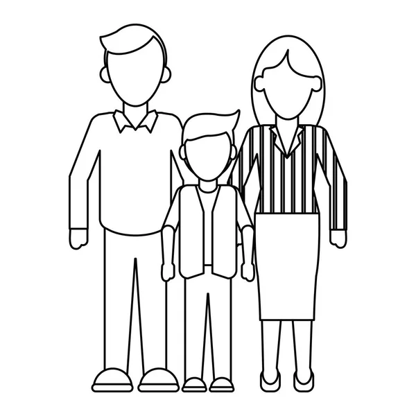 Familia Padres ejecutivos con hijo sin rostro en blanco y negro — Vector de stock