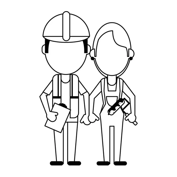 Аватары строителей в черно-белом цвете — стоковый вектор