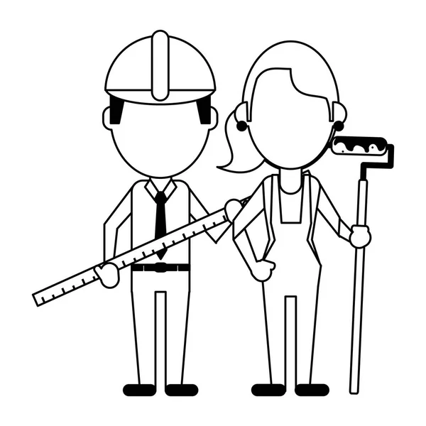 Trabalhadores da construção avatares em preto e branco — Vetor de Stock