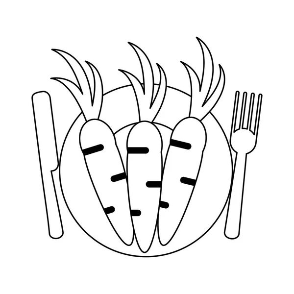 Gesundes Essen Karotte auf Teller mit Besteck in schwarz-weiß — Stockvektor