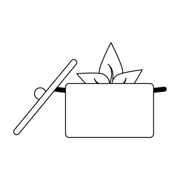Pentola di cibo sano con simbolo di foglie in bianco e nero — Vettoriale Stock