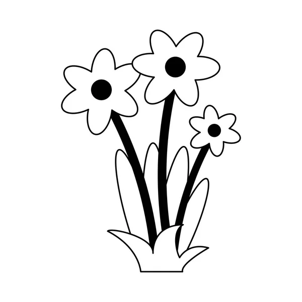 Fleurs avec feuilles dessin animé en noir et blanc — Image vectorielle