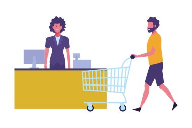 süpermarket kasiyer ve alışveriş sepeti iterek adam