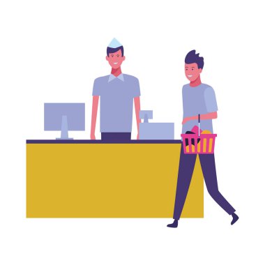 süpermarket kasiyer ve müşteriler ile alışveriş torbaları