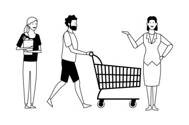 süpermarket çift siyah beyaz alışveriş sepeti ve çanta ve süpermarket Yöneticisi ile