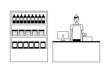 süpermarket raf ürünleri ve kasiyer siyah beyaz