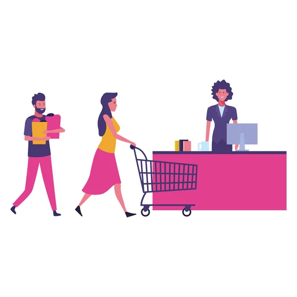 超市现金和客户与购物车 — 图库矢量图片