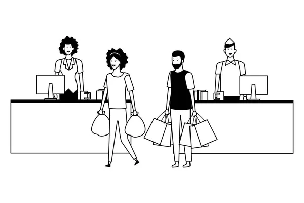 Espèces des supermarchés et clients avec sacs à provisions en noir et blanc — Image vectorielle