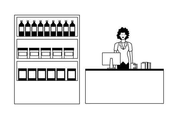 Prateleira de supermercado com produtos e caixa em preto e branco —  Vetores de Stock