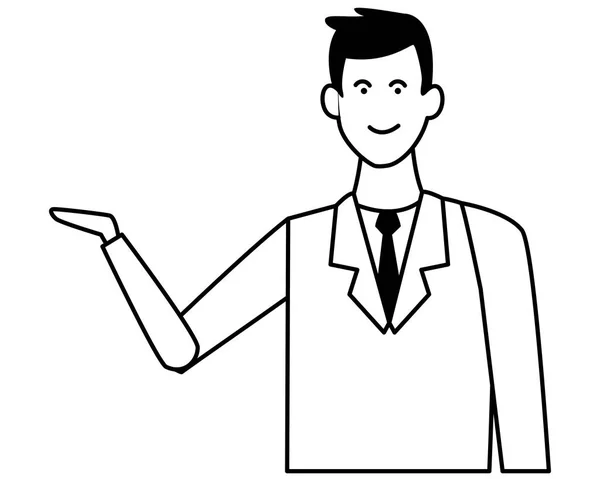 Homem de negócios com mão aberta desenhos animados em preto e branco — Vetor de Stock