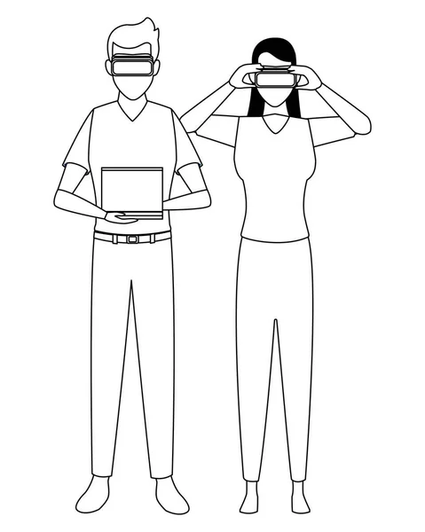 Ludzi grających z wirtualnej rzeczywistości w czerni i bieli — Wektor stockowy