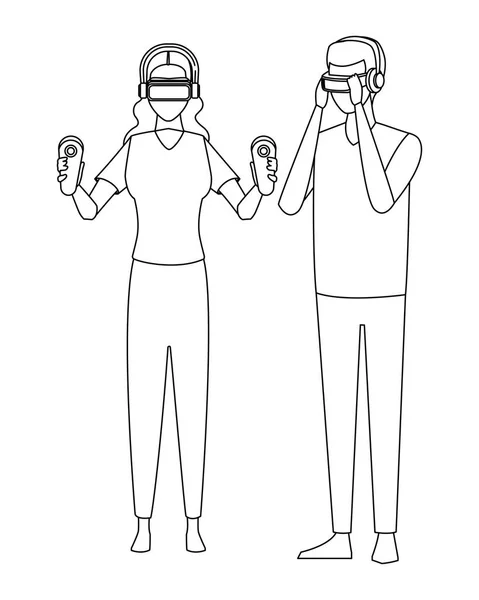 白と黒の仮想現実の眼鏡で遊んでの人々 — ストックベクタ