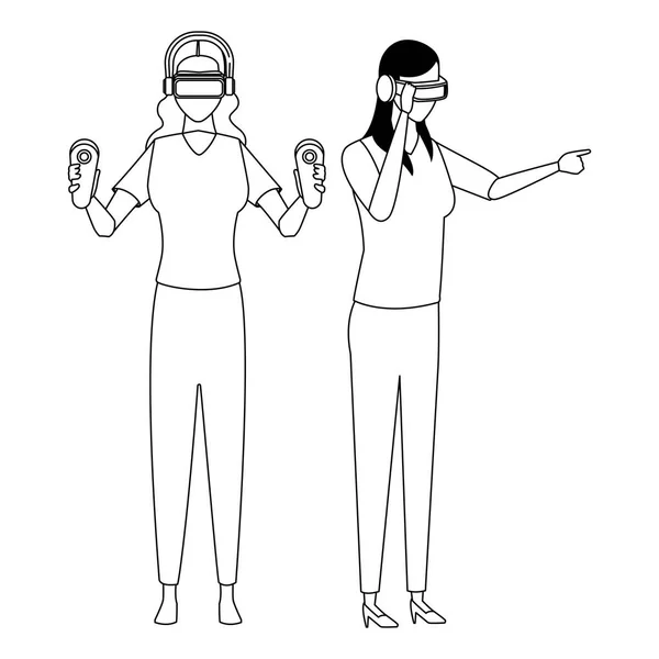 Gente jugando con gafas de realidad virtual en blanco y negro — Archivo Imágenes Vectoriales