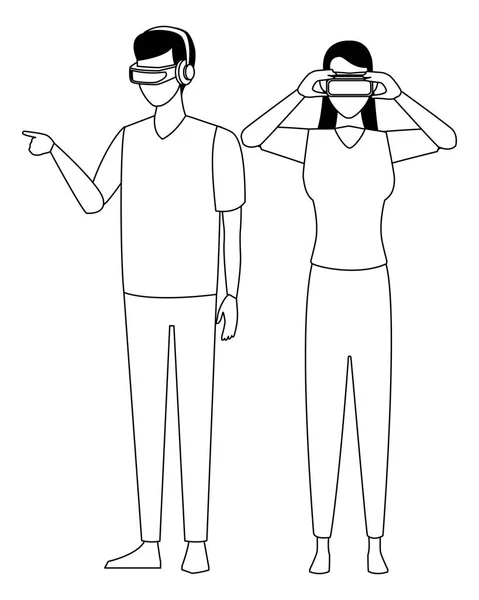 Ludzi grających z okulary wirtualnej rzeczywistości w czerni i bieli — Wektor stockowy