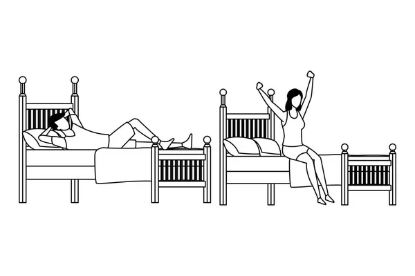 Schlafsaal mit zwei Einzelbetten und gesichtslose Menschen in Schwarz und Weiß — Stockvektor