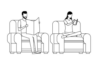 yüzü olmayan çift okuma oturma odasında siyah ve beyaz