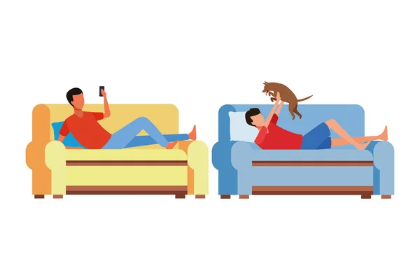 Hommes sans visage et chien salon canapé — Image vectorielle