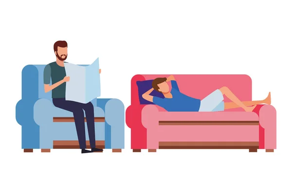 Hombres sin rostro leyendo sala de estar — Vector de stock