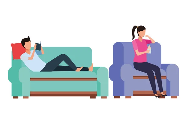 Faceless people relax and eating living room — Stock Vector