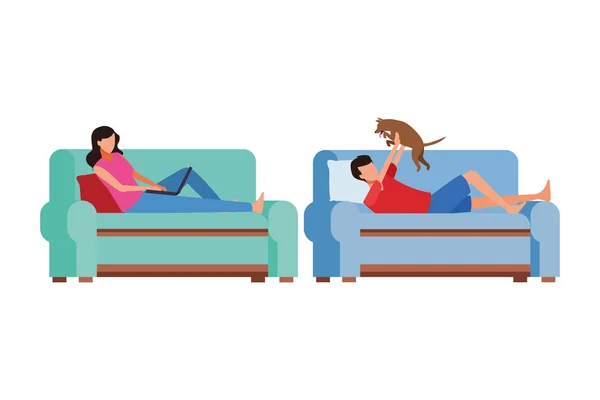 Pessoas sem rosto relaxar com cão sala de estar —  Vetores de Stock